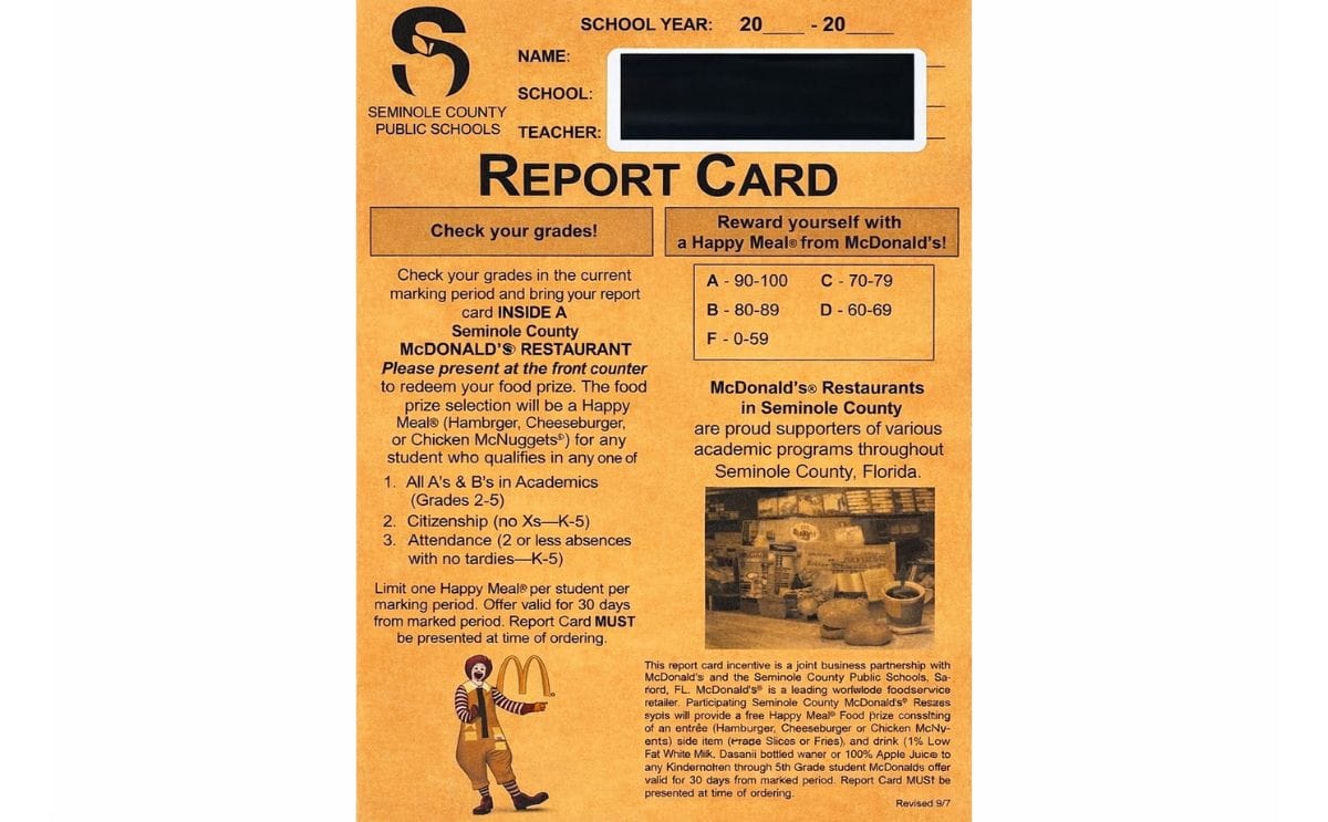 McDonald's advertising on report cards