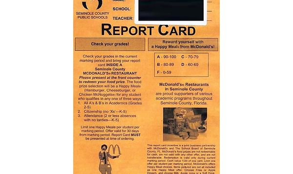 McDonald's advertising on report cards