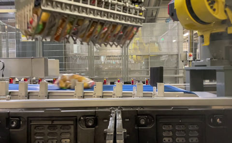 Mechanical grab that picks up potatoes in plastic bags for loading into dollies Mechanical grab that picks up potatoes in plastic bags for loading into dollies