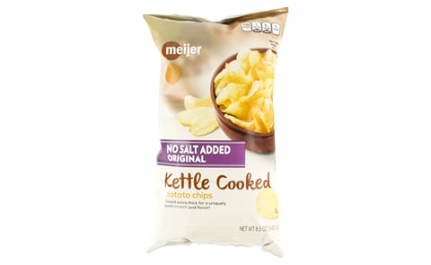 Image of the Meijer brand 8.5 ounce packages of No Salt Added Kettle Cooked Potato Chips being recalled. Image of the Meijer brand 8.5 ounce packages of No Salt Added Kettle Cooked Potato Chips being recalled.