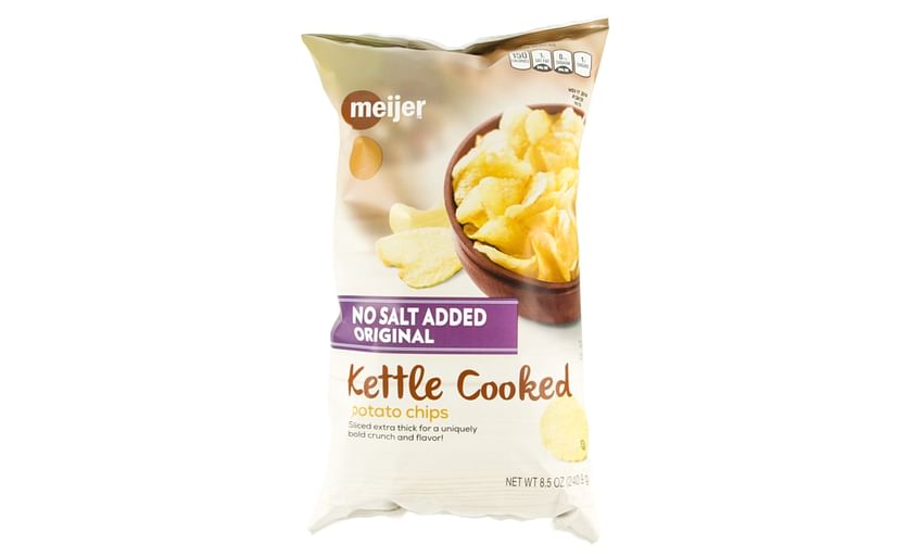 Image of the Meijer brand 8.5 ounce packages of No Salt Added Kettle Cooked Potato Chips being recalled.