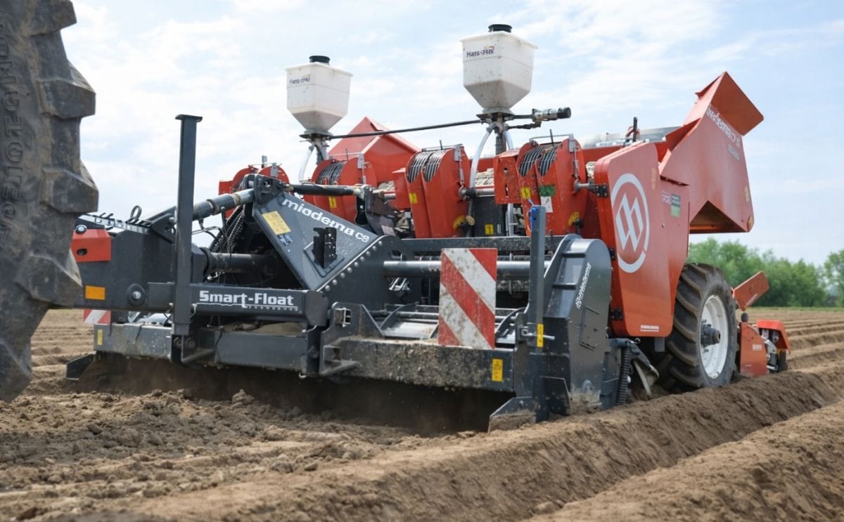 The Miedema CP 42P Smart-Float, a 4-row trailed potato planter, one of several units that will be shown by Dewulf and Miedema at Potato Europe in Doornik, Belgium.