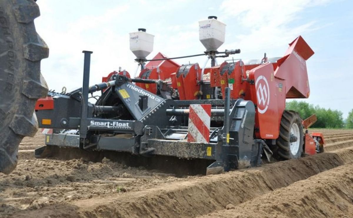 The Miedema CP 42P Smart-Float, a 4-row trailed potato planter, one of several units that will be shown by Dewulf and Miedema at Potato Europe in Doornik, Belgium.