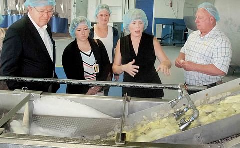 From left, West Virginia Commerce Secretary Ed Gaunch, Wood County Economic Development Executive Director Lindsey Piersol and economic development specialist Kate Barker with Wood County Economic Development watch as potato slices are rinsed during the c From left, West Virginia Commerce Secretary Ed Gaunch, Wood County Economic Development Executive Director Lindsey Piersol and economic development specialist Kate Barker with Wood County Economic Development watch as potato slices are rinsed during the c