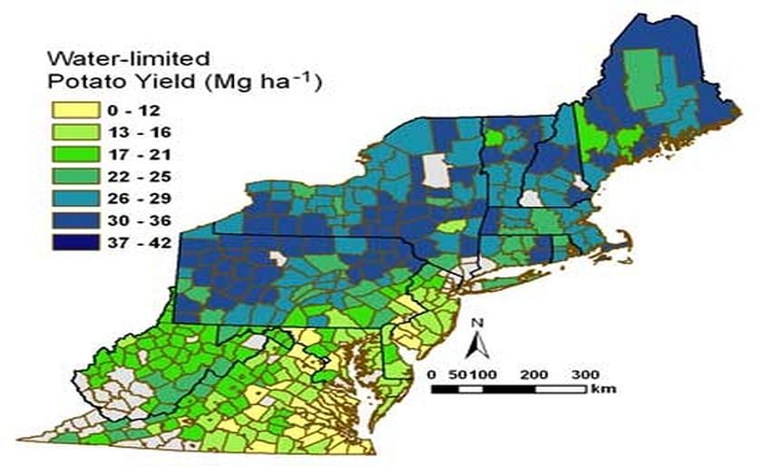 Average estimated potato yields for each county in the Eastern Seaboard region, assuming that water was limiting. (Courtesy: Dave Fleisher, USDA-ARS)