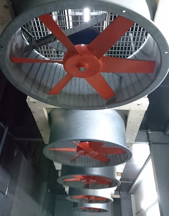 A series of Mooij Agro EC Axial 1000 fans installed in a potato storage A series of Mooij Agro EC Axial 1000 fans installed in a potato storage