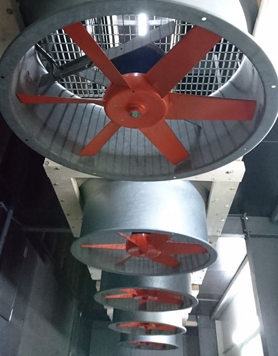 A series of Mooij Agro EC Axial 1000 fans installed in a potato storage