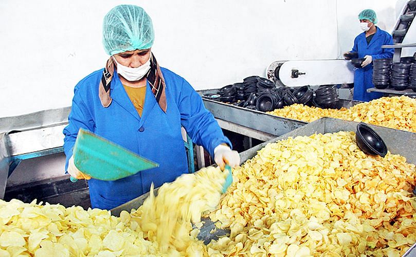 A production worker uses a sifter to sprinkle the spice mixtures on the crisps and then mix them vigorously with two dustpans