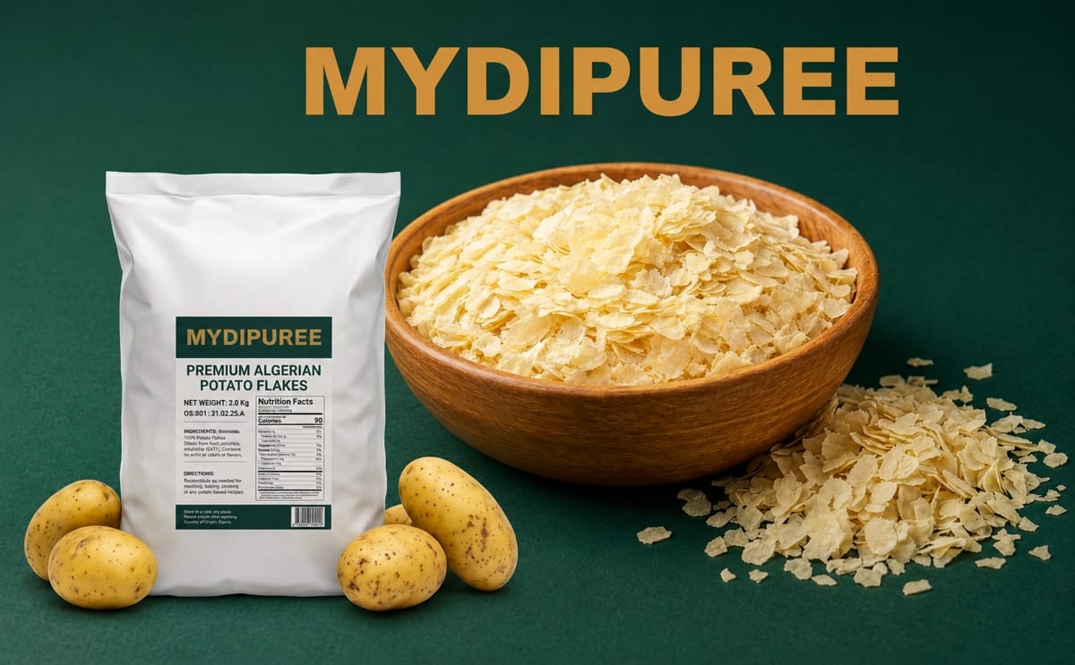 MYDIPUREE showcases its premium Algerian potato flakes, produced using modern processing technology for industrial food applications and international export markets.
