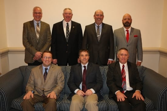 National Potato Council Executive Committee 2015: Standing, from left to right: Larry Alsum, Randy Hardy, Dan Lake, Jim Tiede. Seated, from left to right: Dominic LaJoie, Cully Easterday, Dwayne Weyers