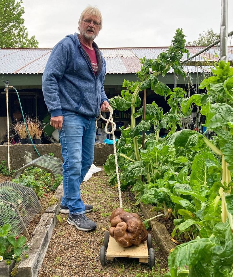 Colin Craig-Browns stands near Doug, a.k.a. Dug, which he lovingly calls 'the world's biggest not-a-potato.' Courtesy: Donna Craig-Brown/The Associated Press