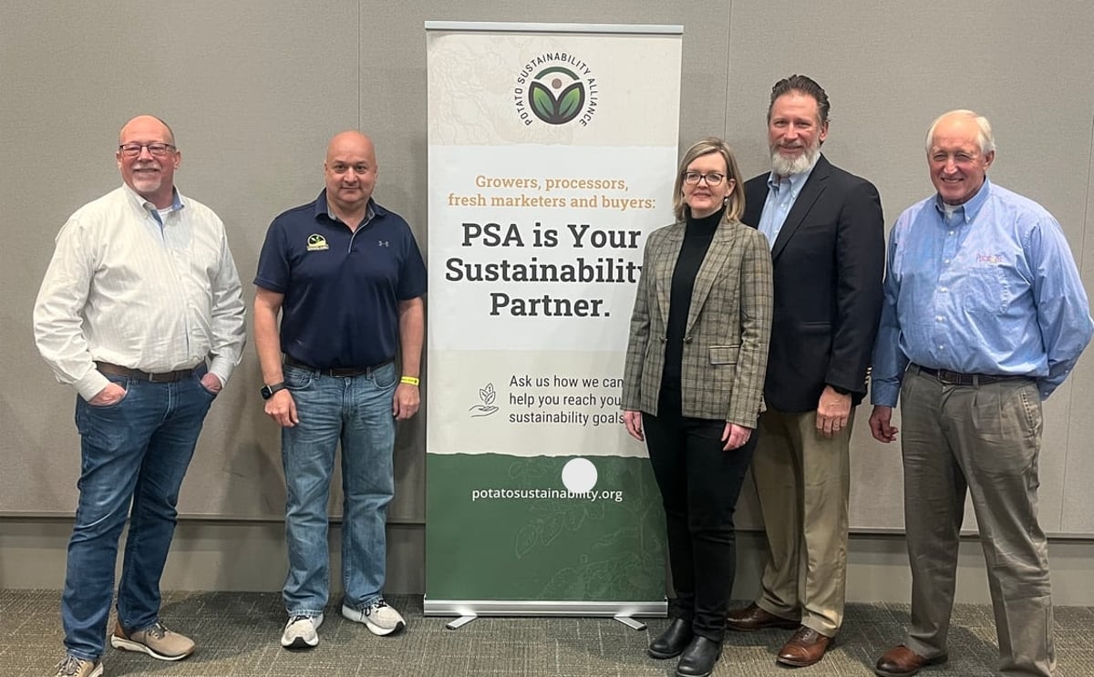 Newly-elected PSA executive committee with CEO John Mesko during the winter board meeting at Potato Expo in Austin, TX. From L to R: Shane Sampels, Mike Wenkel, Tracy Shinners-Carnelley, John Mesko, Ritchey Toevs. Newly-elected PSA executive committee with CEO John Mesko during the winter board meeting at Potato Expo in Austin, TX. From L to R: Shane Sampels, Mike Wenkel, Tracy Shinners-Carnelley, John Mesko, Ritchey Toevs.