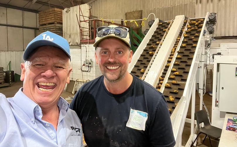 Nick Cesare of PACE Mechanical Handling (left) with satisfied customer Olly Palmer, proudly standing in front of a PACE-installed potato packing line. Nick Cesare of PACE Mechanical Handling (left) with satisfied customer Olly Palmer, proudly standing in front of a PACE-installed potato packing line.