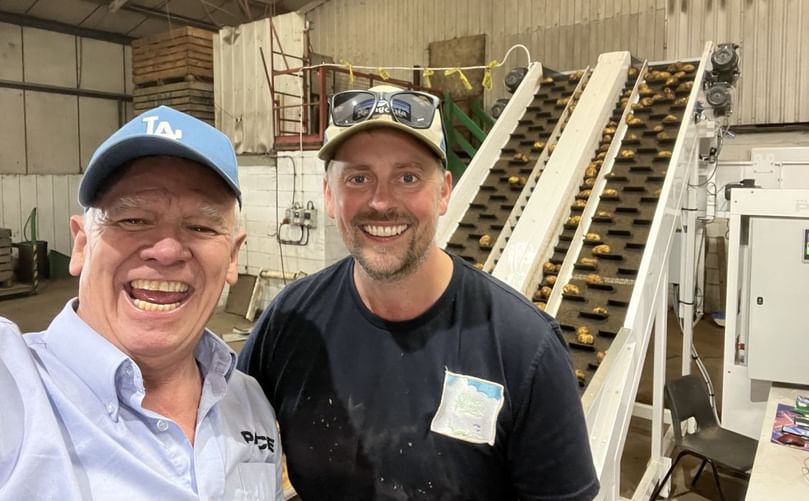 Nick Cesare of PACE Mechanical Handling (left) with satisfied customer Olly Palmer, proudly standing in front of a PACE-installed potato packing line. Nick Cesare of PACE Mechanical Handling (left) with satisfied customer Olly Palmer, proudly standing in front of a PACE-installed potato packing line.