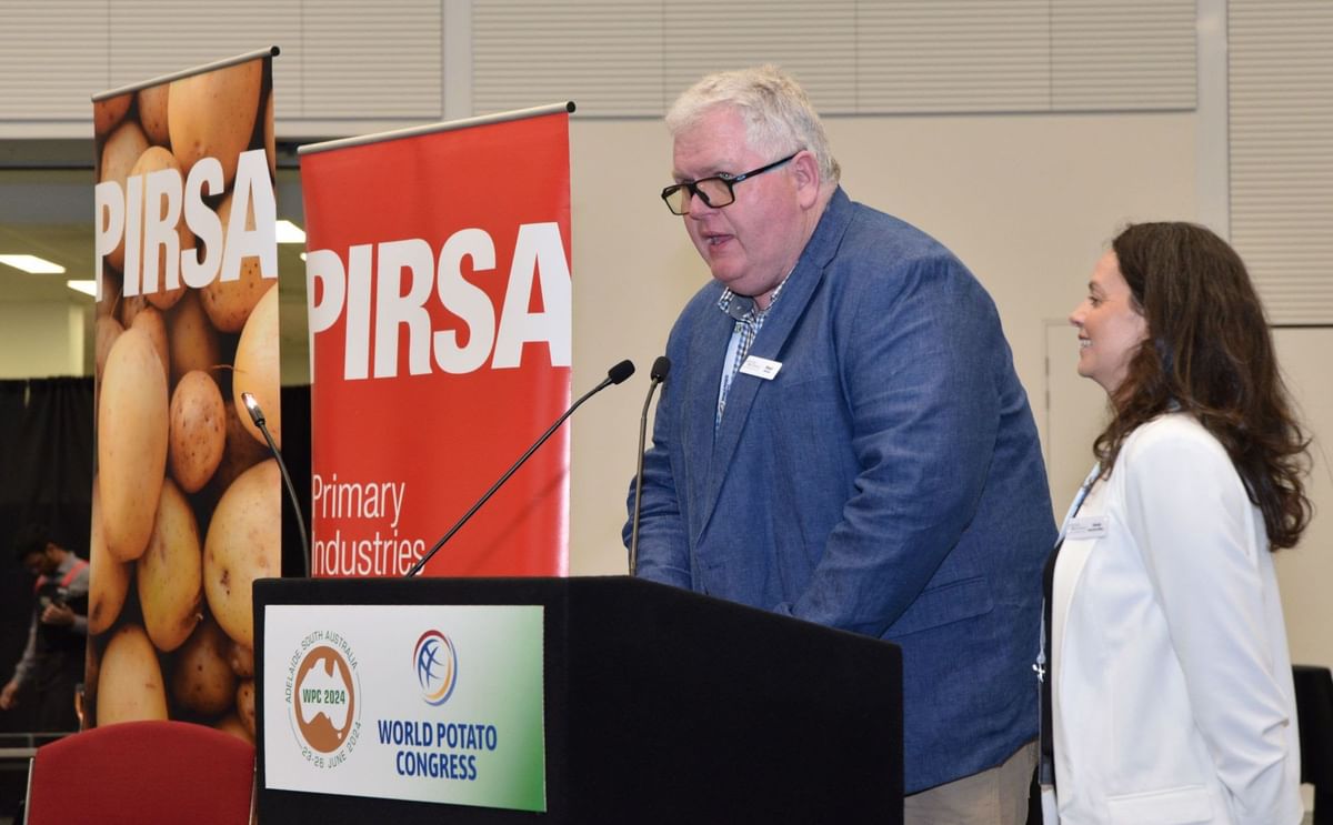 Dr. Nigel Crump, Chairman of Potatoes Australia Ltd., and Sonia Waterson, Executive Officer, officially open the 12th World Potato Congress 2024, greeting guests at the event. Dr. Nigel Crump, Chairman of Potatoes Australia Ltd., and Sonia Waterson, Executive Officer, officially open the 12th World Potato Congress 2024, greeting guests at the event.