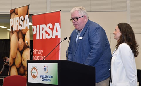 Dr. Nigel Crump, Chairman of Potatoes Australia Ltd., and Sonia Waterson, Executive Officer, officially open the 12th World Potato Congress 2024, greeting guests at the event. Dr. Nigel Crump, Chairman of Potatoes Australia Ltd., and Sonia Waterson, Executive Officer, officially open the 12th World Potato Congress 2024, greeting guests at the event.