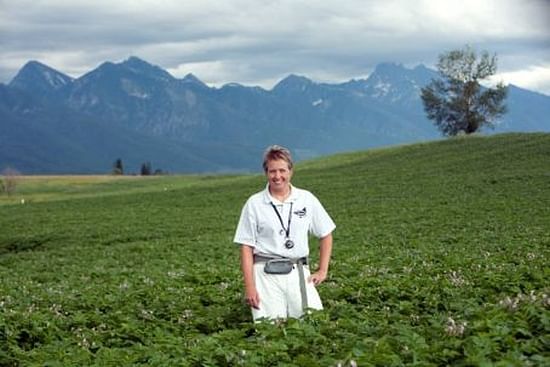Nina Zidack, director of the MSU Potato Lab, says Montana's seed potato fields are located in some of the most beautiful spots in the state. She is shown here during a July 2011 inspection of a field near Ronan. (Photo by Susan Lake).  