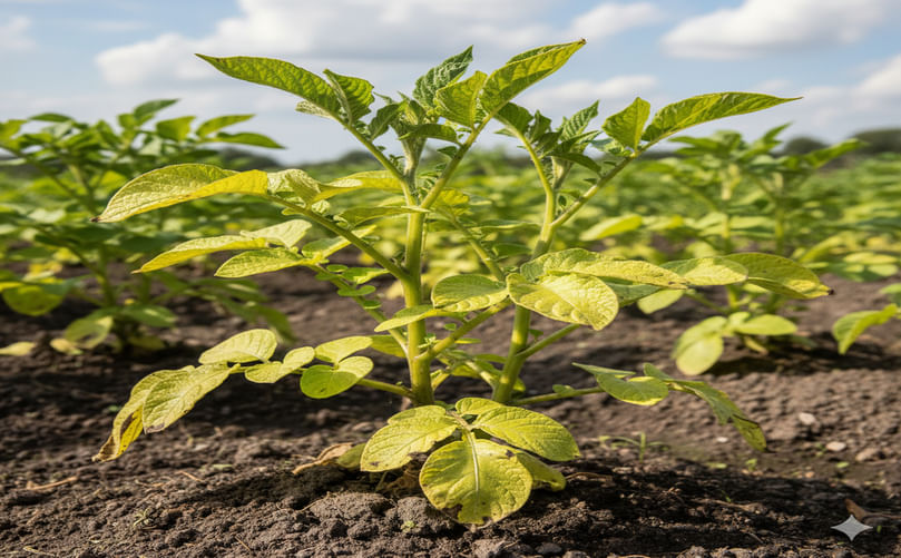 Visual symptoms of nitrogen deficiency in potato leaves, showing yellowing and stunting