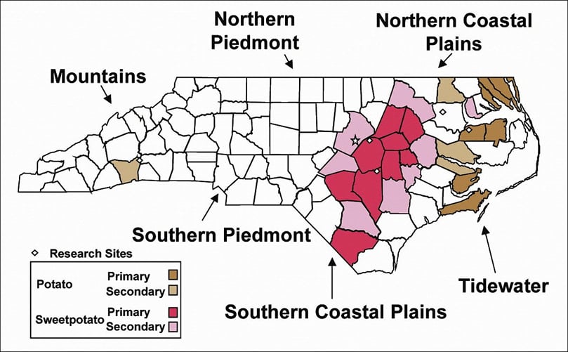 The counties in North Carolina where potato and sweet potato cultivation is concentrated are directly in the projected path of hurricane Florence(Courtesy: North Carolina State University) The counties in North Carolina where potato and sweet potato cultivation is concentrated are directly in the projected path of hurricane Florence(Courtesy: North Carolina State University)