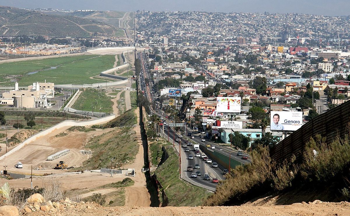 The U.S.-Mexico border at Tijuana, Baja California, and San Diego, California.