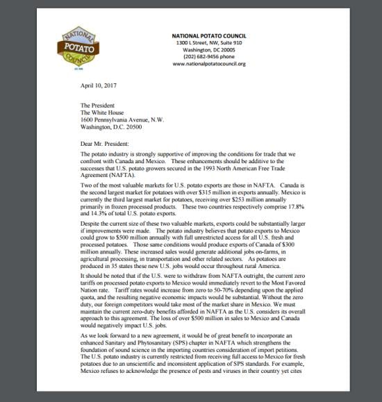 Letter from the US National Potato Council to President Trump Letter from the US National Potato Council to President Trump