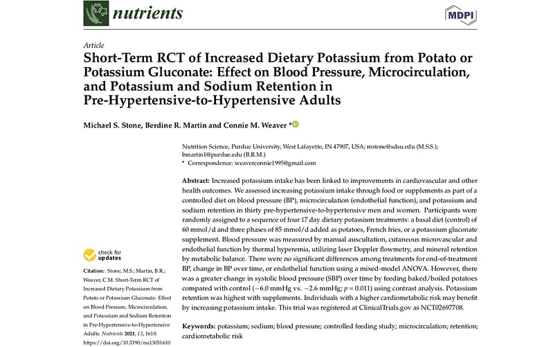 Short-Term RCT of Increased Dietary Potassium from Potato or Potassium Gluconate: Effect on Blood Pressure, Microcirculation, and Potassium and Sodium Retention in Pre-Hypertensive-to-Hypertensive Adults