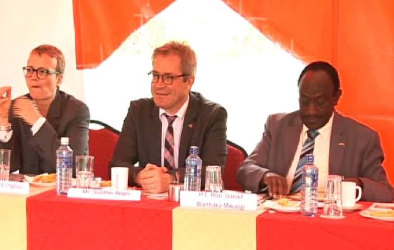 Gunther Beger, Head of Directorate-General 1, Federal Ministry for Economic Cooperation and Development (center) and Nyandarua Governor Daniel Waithaka Gunther Beger, Head of Directorate-General 1, Federal Ministry for Economic Cooperation and Development (center) and Nyandarua Governor Daniel Waithaka