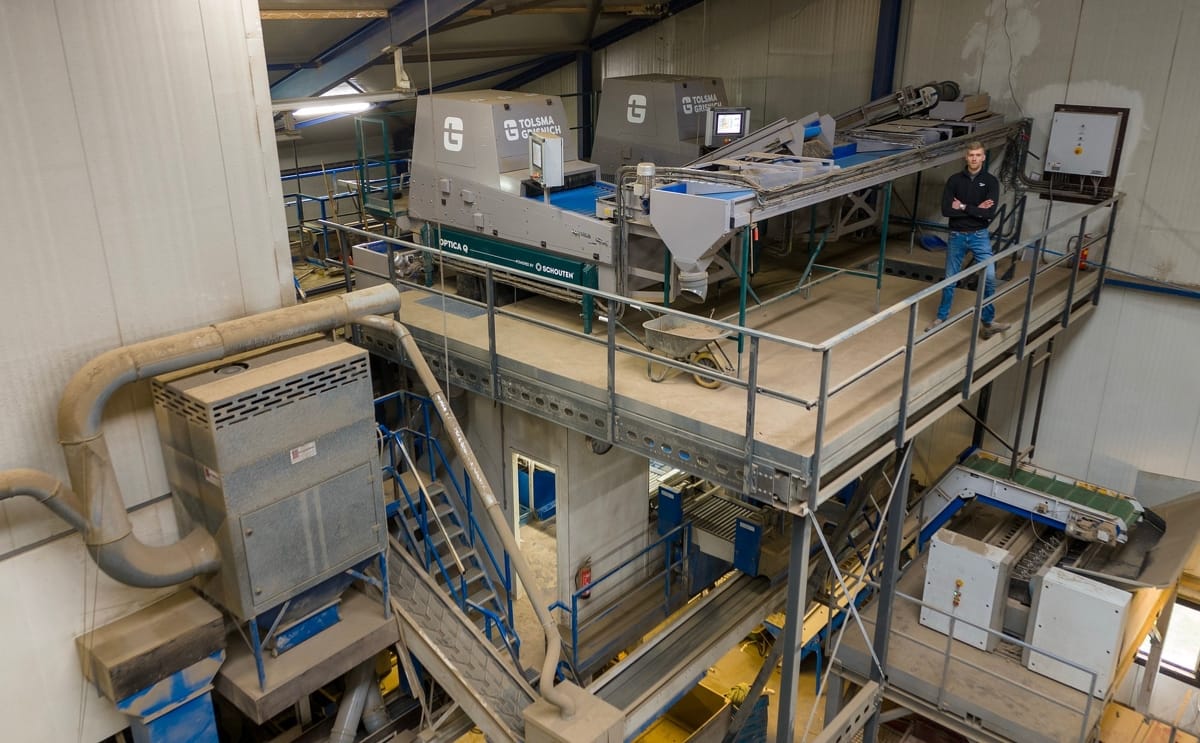 Jensma Agro's two Tolsma-Grisnich Optica Q optical quality sorters installed above the inspection room at the company's seed potato grading facility in Westhoek, Friesland.