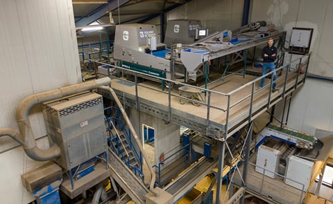 Jensma Agro's two Tolsma-Grisnich Optica Q optical quality sorters installed above the inspection room at the company's seed potato grading facility in Westhoek, Friesland. Jensma Agro's two Tolsma-Grisnich Optica Q optical quality sorters installed above the inspection room at the company's seed potato grading facility in Westhoek, Friesland.