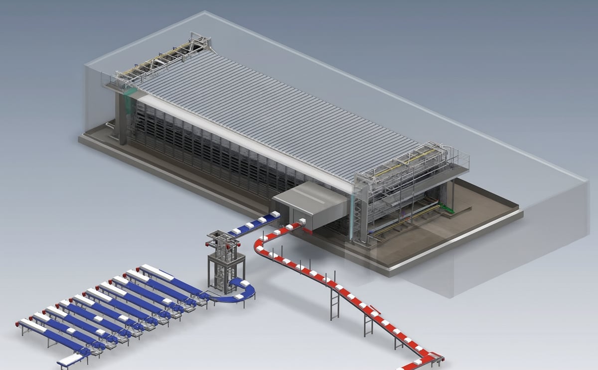 A 3D layout of the Orangefreezing CBF/VRT/SRT automated carton box freezing system A 3D layout of the Orangefreezing CBF/VRT/SRT automated carton box freezing system