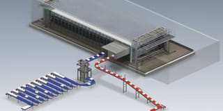 A 3D layout of the Orangefreezing CBF/VRT/SRT automated carton box freezing system A 3D layout of the Orangefreezing CBF/VRT/SRT automated carton box freezing system
