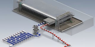 A 3D layout of the Orangefreezing CBF/VRT/SRT automated carton box freezing system A 3D layout of the Orangefreezing CBF/VRT/SRT automated carton box freezing system