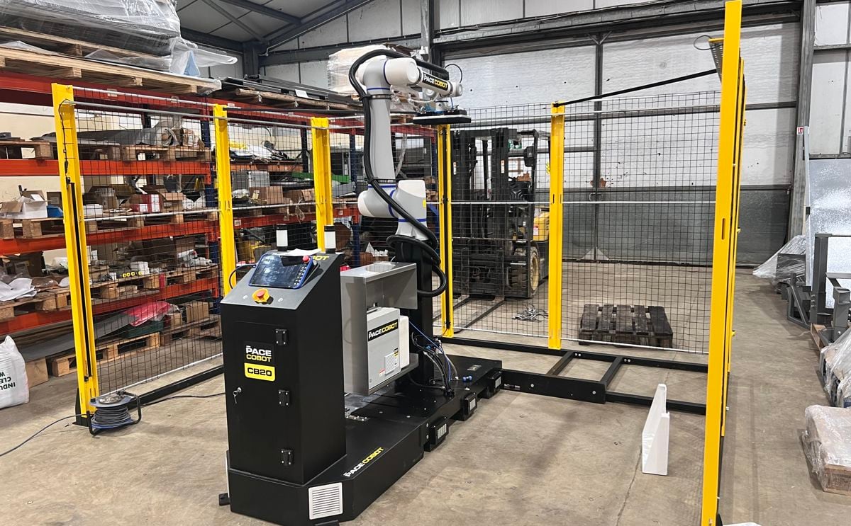 The PACE Cobot C820 in action—an advanced robotic solution for safe, efficient end-of-line automation in industrial environments. The PACE Cobot C820 in action—an advanced robotic solution for safe, efficient end-of-line automation in industrial environments.
