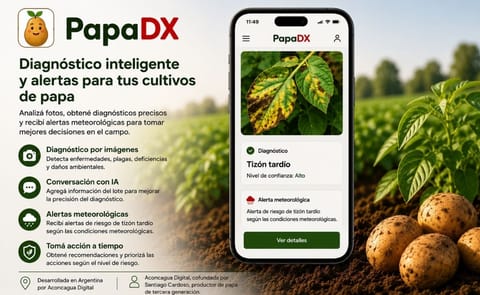 PapaDX utiliza inteligencia artificial para analizar imágenes del cultivo de papa, apoyar el diagnóstico en campo y generar alertas de riesgo basadas en las condiciones meteorológicas. PapaDX utiliza inteligencia artificial para analizar imágenes del cultivo de papa, apoyar el diagnóstico en campo y generar alertas de riesgo basadas en las condiciones meteorológicas.