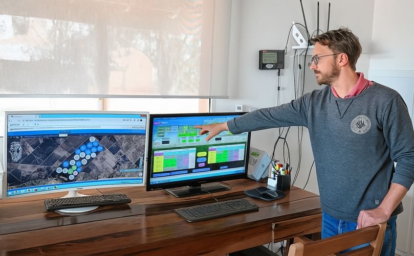 Giovanni Cantera, encargado del campo de Pasman en Patagones, explicando el funcionamiento del sistema de riego por pivote.