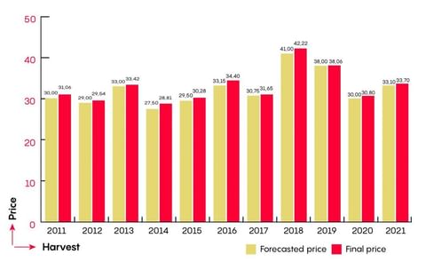 Final price: the final price for the average of all varieties and qualities grown in pools in pot sizes S to A (excluding VAT and before payment of the grower’s licence). The price per variety, class, size and quality is determined according to a system Final price: the final price for the average of all varieties and qualities grown in pools in pot sizes S to A (excluding VAT and before payment of the grower’s licence). The price per variety, class, size and quality is determined according to a system