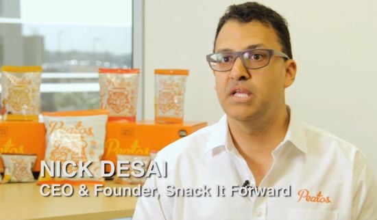 Nick Desai, CEO and founder of Snack It Forward explains the concept of Peatos Nick Desai, CEO and founder of Snack It Forward explains the concept of Peatos