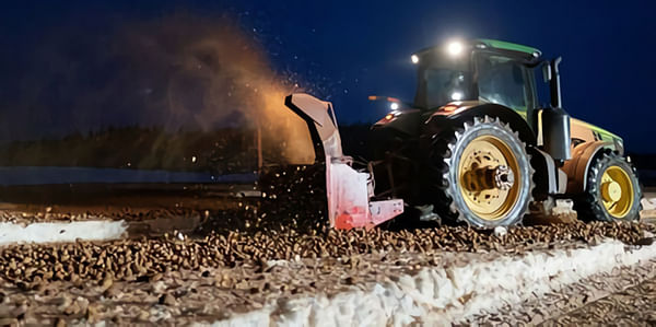 A PEI Farmer destroys his potato crop by putting it through a snowblower. An estimated 250 million pounds of PEI potatoes were destroyed in 2022 due to the Federal government’s restrictions.