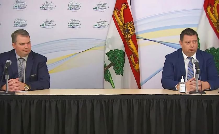 Agriculture Minister Bloyce Thompson and Economic Development Minister Matthew MacKay announce funding support for the P.E.I. potato industry during a news conference Friday. (Courtesy: CBC)