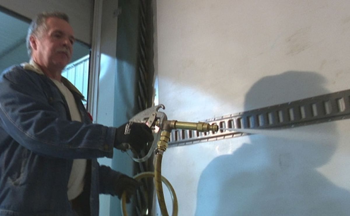 The inside of a potato truck is disinfected before heading to a potato farm on Prince Edward Island (Courtesy: CBC)