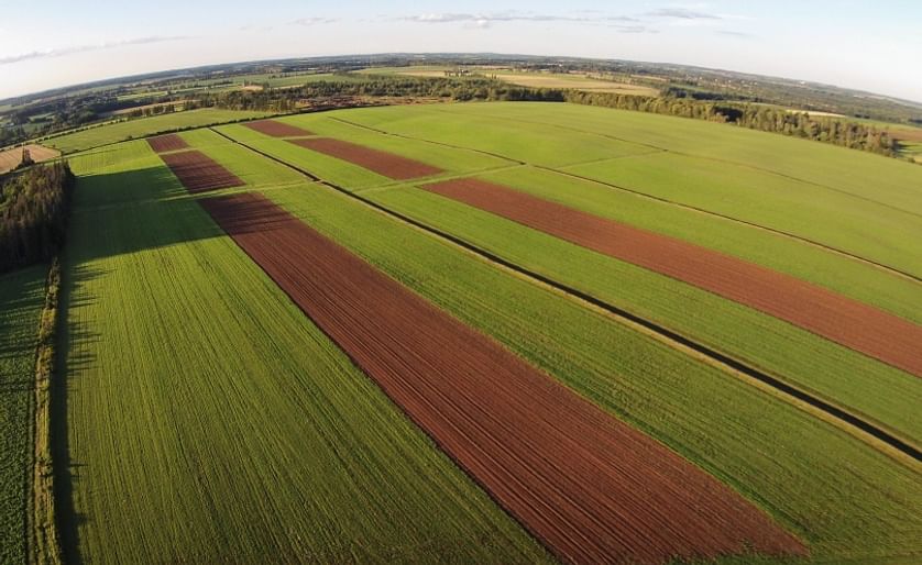 Aerial view of soil conservation structures and strip cropping practices on Prince Edward Island farmland. (Courtesy:Prince Edward Island Department of Agriculture and Fisheries)