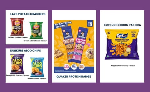 PepsiCo's latest snack launches across India and Bangladesh include Lay's Potato Crackers, Kurkure Aloo Chips, Kurkure Ribbon Pakoda, and Quaker Protein Chikki Bites and Protein Ladooz. PepsiCo's latest snack launches across India and Bangladesh include Lay's Potato Crackers, Kurkure Aloo Chips, Kurkure Ribbon Pakoda, and Quaker Protein Chikki Bites and Protein Ladooz.