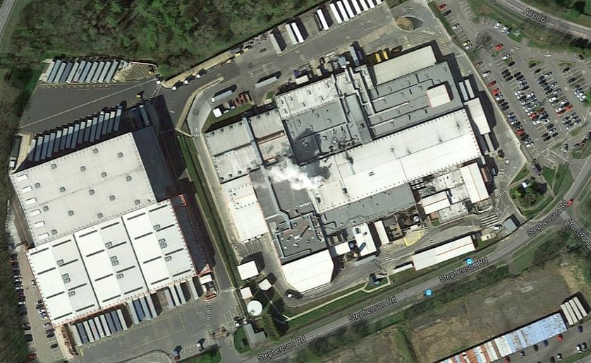 Aerial view of the Walkers Peterlee Complex at the Stephenson Road.  The factory can be seen at the right, while the distribution center is located on the left. (Courtesy: Google Maps)