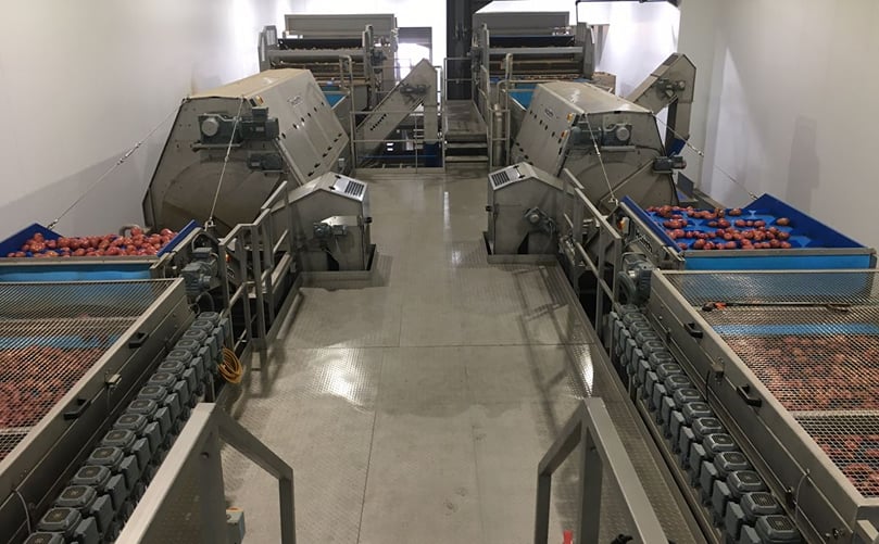 Following de-stoning, the produce enters a pair of Haith Barrel Washers. Following de-stoning, the produce enters a pair of Haith Barrel Washers.