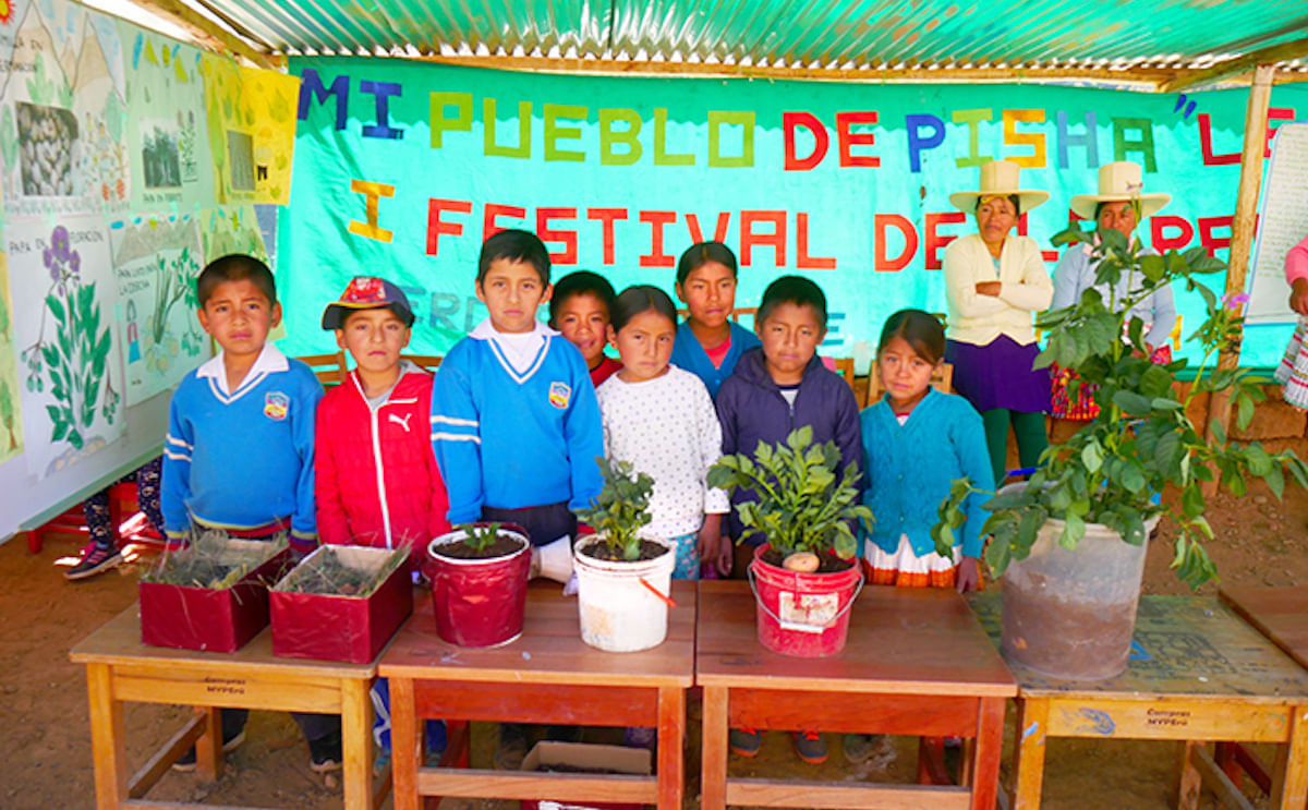En el marco del Día Nacional de la Papa, los pequeños de Pisha explican, durante una feria escolar.