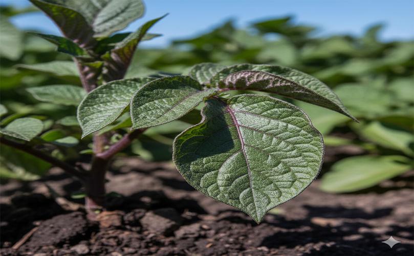 Symptoms of phosphorus deficiency in potato plants, including purplish leaves and stunting