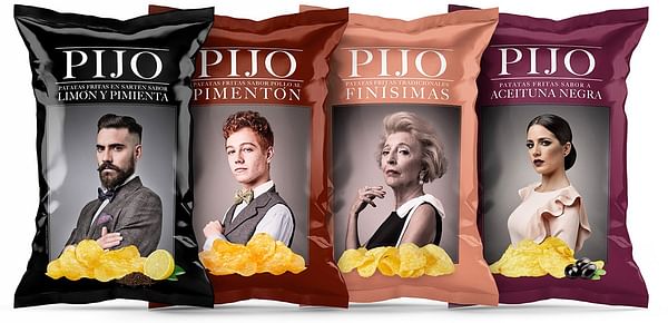 PIJO, una familia de productos típicos hechos en Murcia, España. Incluye una línea de Papas fritas con mucha clase, aderezadas con un toque de limón, pimienta y en su punto de sal.