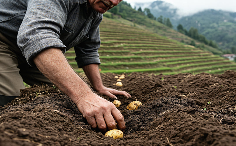 Farmer Sowing Potato Seeds: Laying the Foundation for a Healthy and Productive Crop Farmer Sowing Potato Seeds: Laying the Foundation for a Healthy and Productive Crop