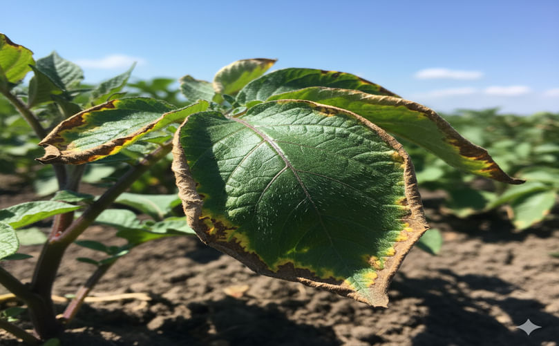 Symptoms of potassium deficiency in potato foliage, including scorching