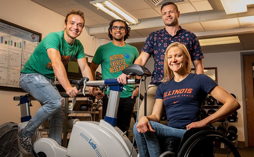 Researchers, including, from left, graduate students Alex Keeble and Rafael Alamilla, kinesiology and community health professor Nicholas Burd and graduate student Susannah Scaroni, found that potatoes boost athletic performance as well as commercial gels. Researchers, including, from left, graduate students Alex Keeble and Rafael Alamilla, kinesiology and community health professor Nicholas Burd and graduate student Susannah Scaroni, found that potatoes boost athletic performance as well as commercial gels.